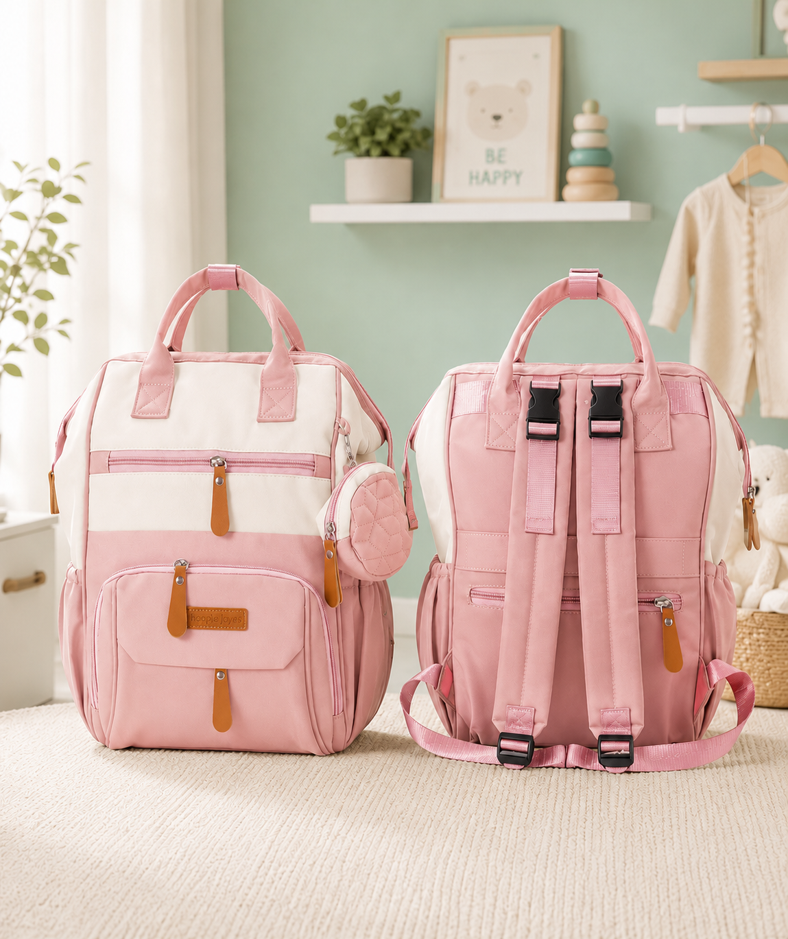 Multifunctional Baby Diaper Bag Backpack with Insulated Pockets and Detachable Mini Pouch