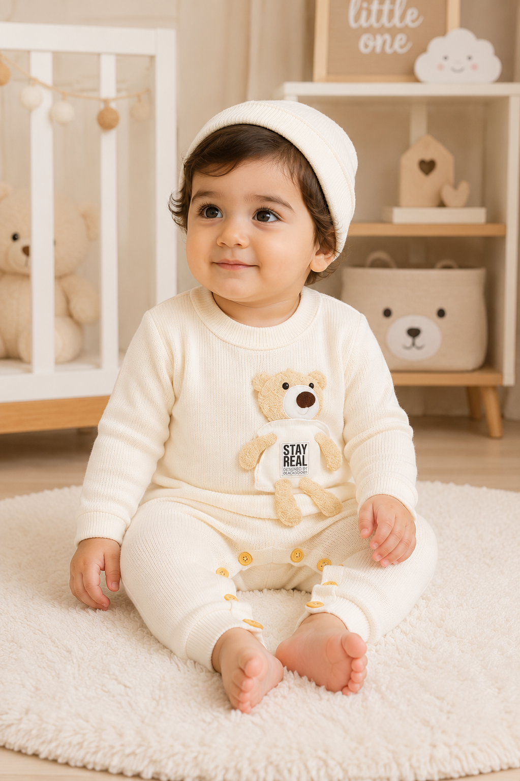 Cute Baby Boy Knit Romper with Matching Beanie Hat and 3D Bear Applique