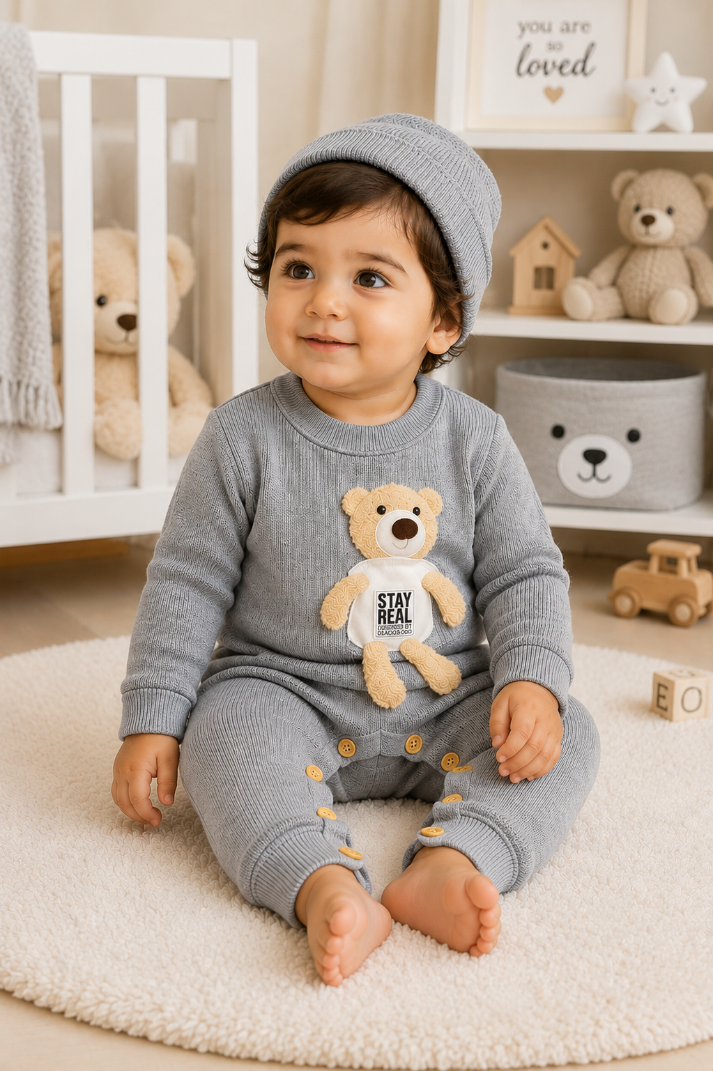 Cute Baby Boy Knit Romper with Matching Beanie Hat and 3D Bear Applique