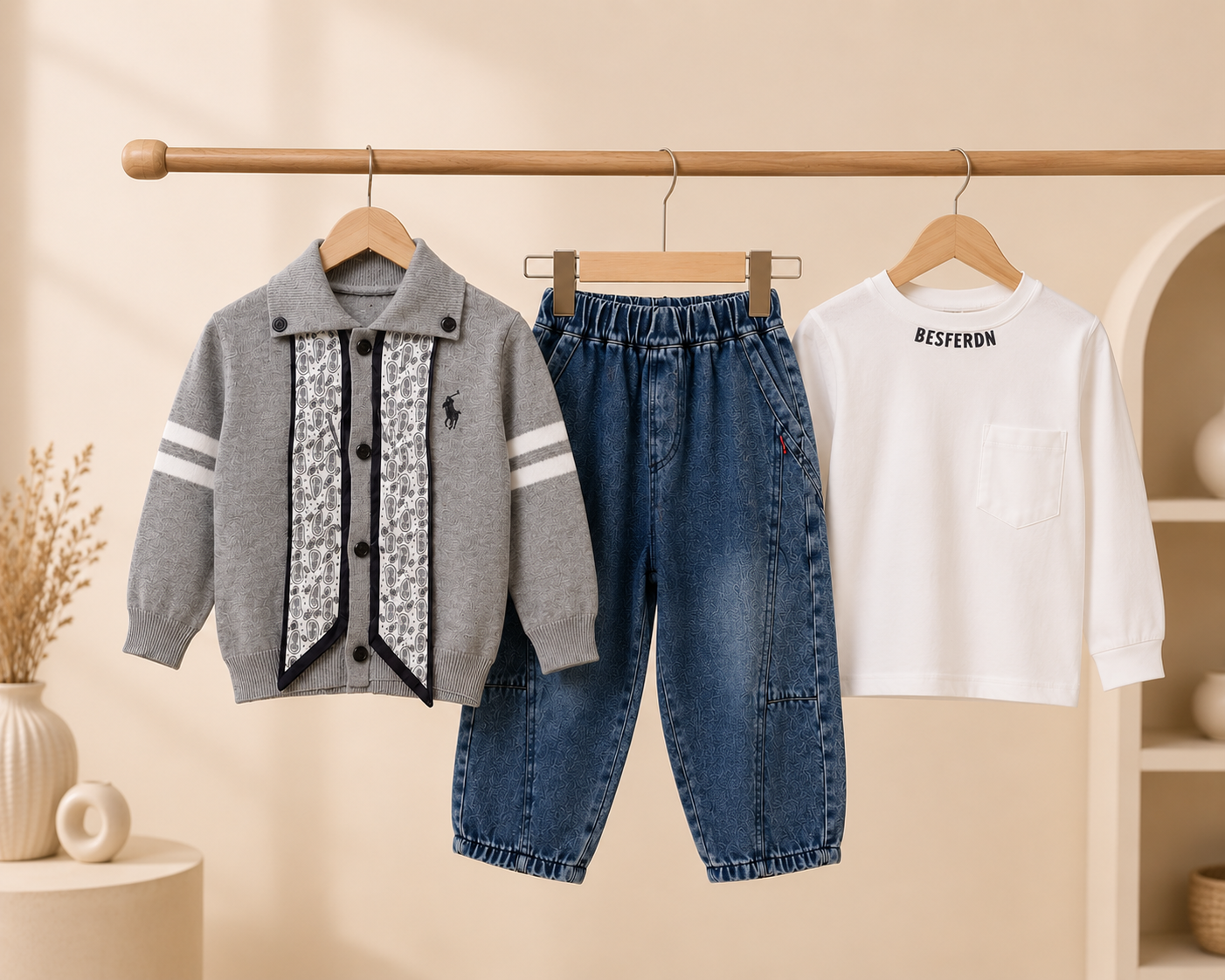Boys Stylish 3-Piece Winter Outfit Set Cardigan Inner T-Shirt Full Length Trouser