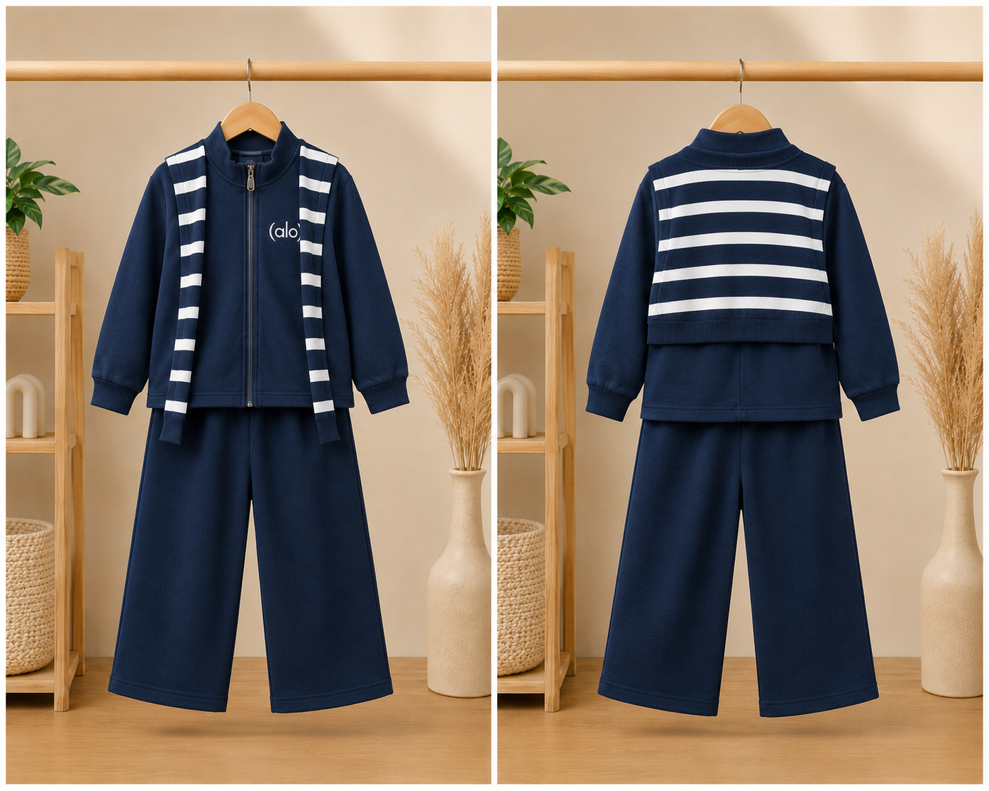 Alo Matching Tracksuit Set with Zip-Up Jacket and Striped Back Sweater Style