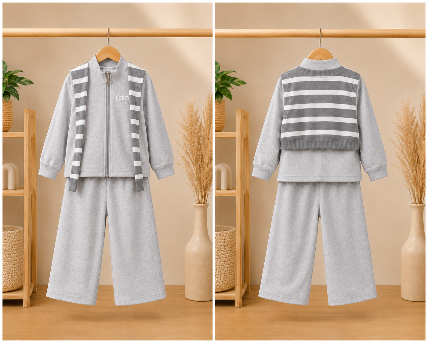 Alo Matching Tracksuit Set with Zip-Up Jacket and Striped Back Sweater Style