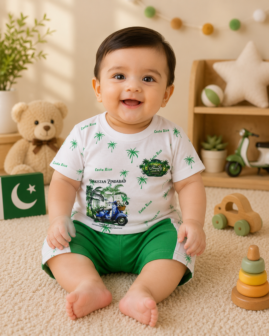 Adorable Baby Boy Wearing A Stylish Green And White Outfit For Pakistan Independence Day Celebration (Copy)