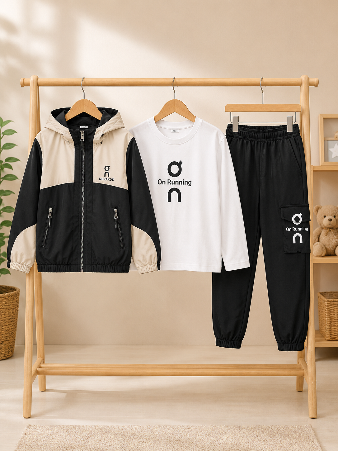 Trendy Kids Sports Three Piece Clothing Set With Comfortable Jacket T Shirt And Pants