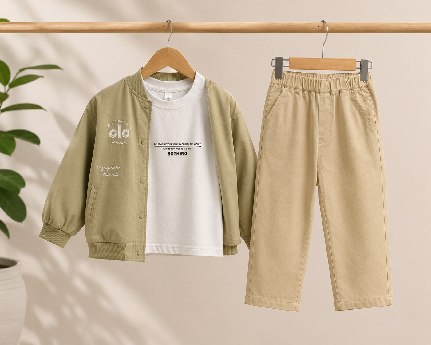 Stylish Beige Cotton Three Piece Kids Clothing Set With Bomber Jacket And Comfortable Pants