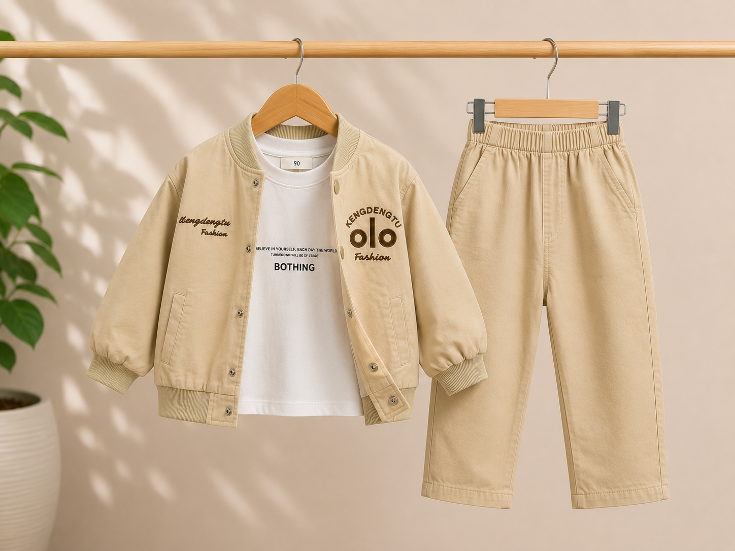 Stylish Beige Cotton Three Piece Kids Clothing Set With Bomber Jacket And Comfortable Pants