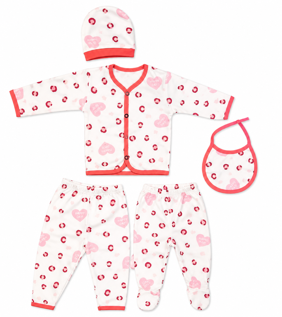 Adorable 5-Piece Newborn Baby Clothes Set with Heart Print and Matching Bib Cap