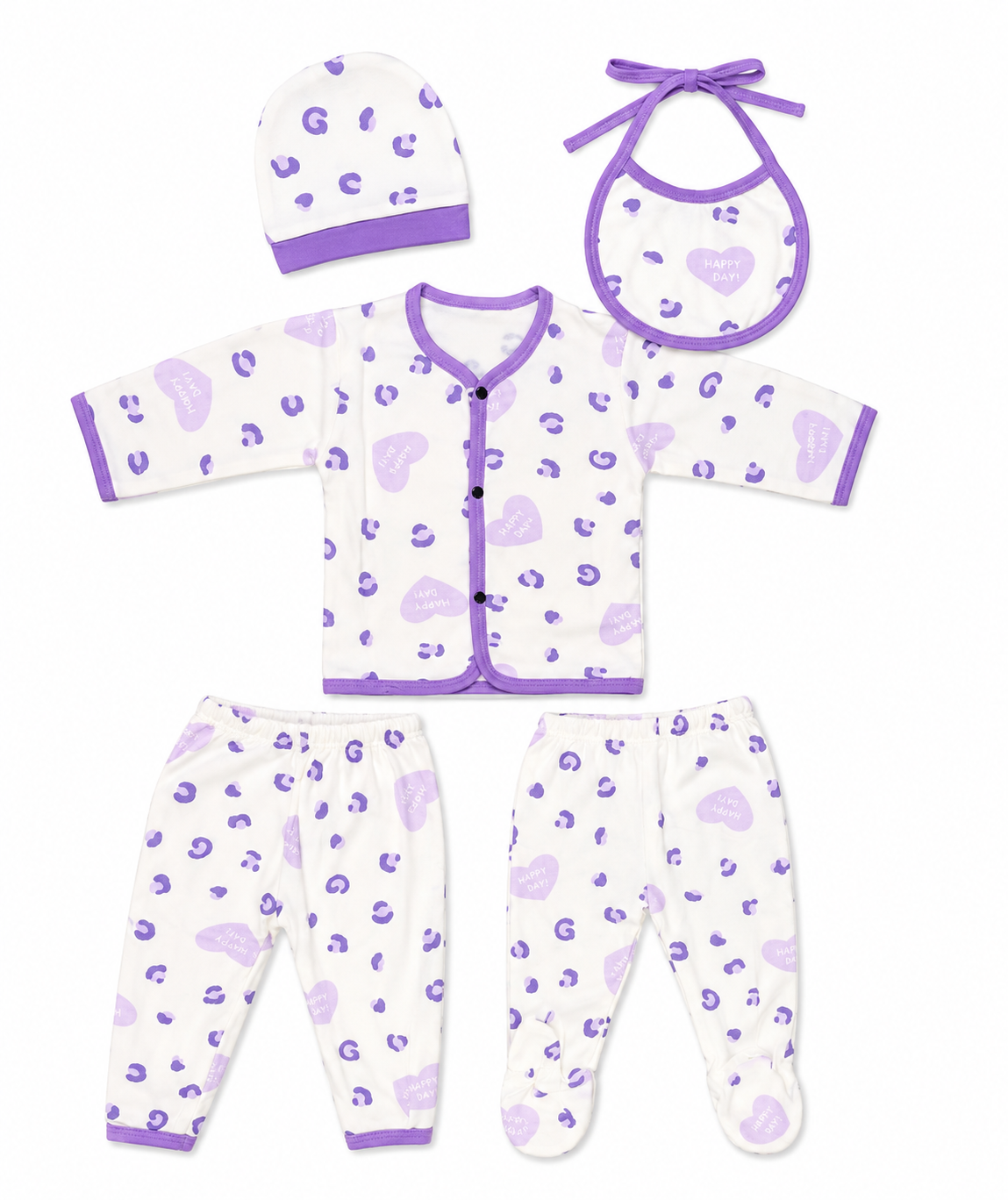 Adorable 5-Piece Newborn Baby Clothes Set with Heart Print and Matching Bib Cap