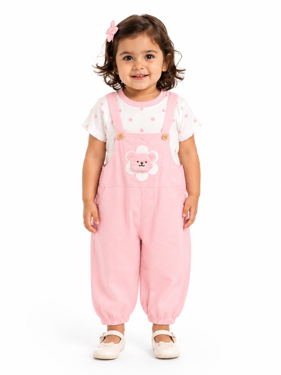 Adorable Baby Girl Dungaree Set With Cute Bear Patch And Polka Dot T-Shirt Outfit