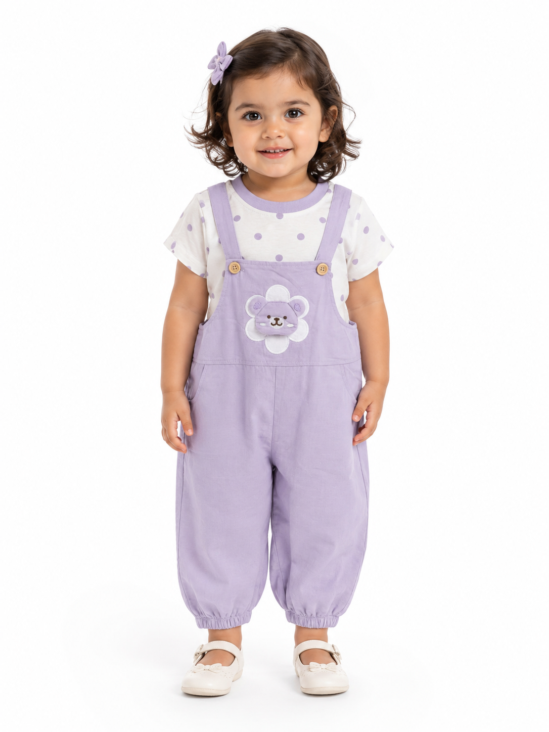 Adorable Baby Girl Dungaree Set With Cute Bear Patch And Polka Dot T-Shirt Outfit