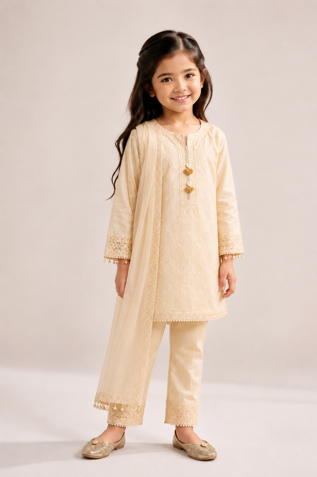 Elegant Girls Embroidered 3-Piece Festive Suit In Cream and Pistachio Green