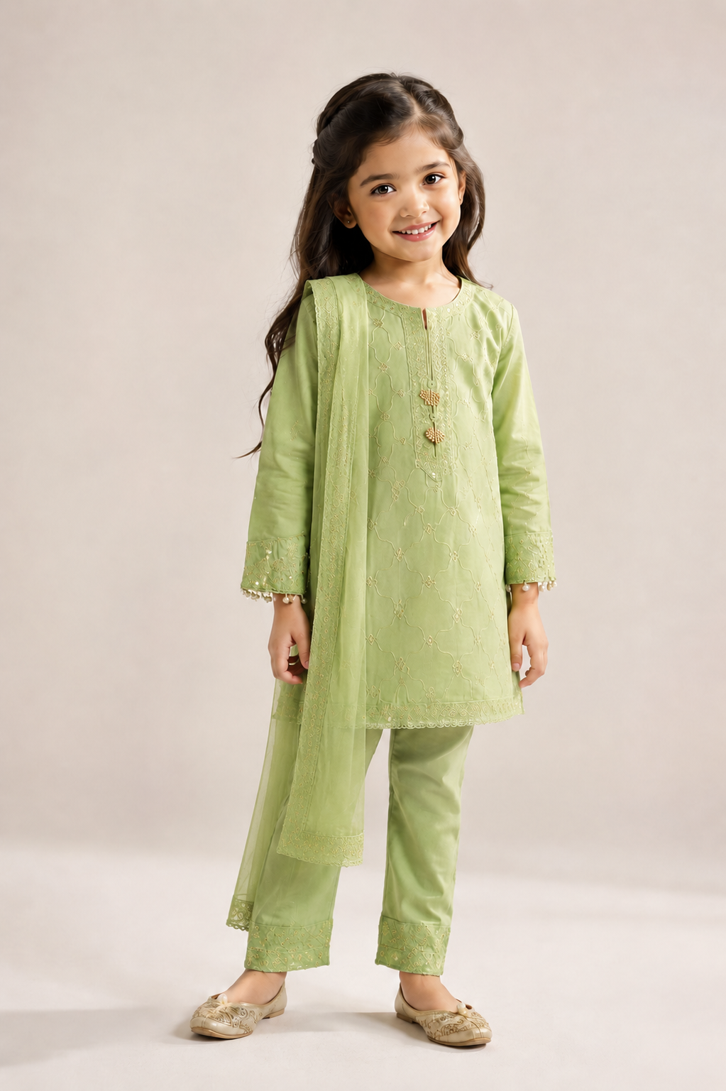 Elegant Girls Embroidered 3-Piece Festive Suit In Cream and Pistachio Green