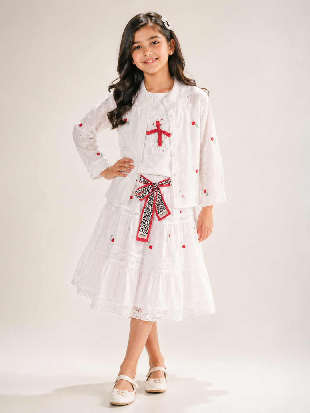 Girls White Lace Skirt Set With Blue Floral Embroidery And Polka Dot Waist Bow