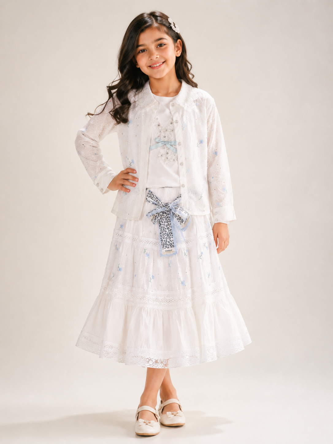 Girls White Lace Skirt Set With Blue Floral Embroidery And Polka Dot Waist Bow