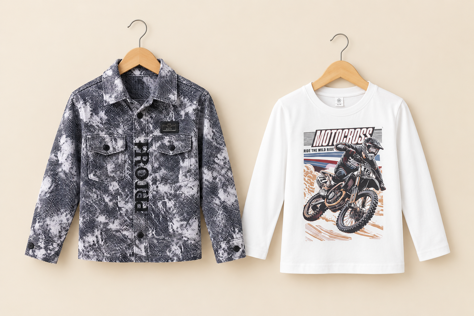 Boys Winter 2-Piece Tie-Dye Acid Wash Jacket Set With Motocross Graphic Shirt