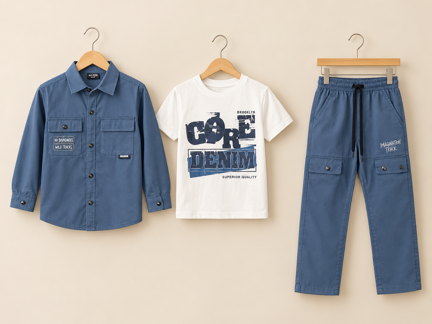 Stylish Kids Three Piece Plaid Shirt T-Shirt And Cargo Trouser Set