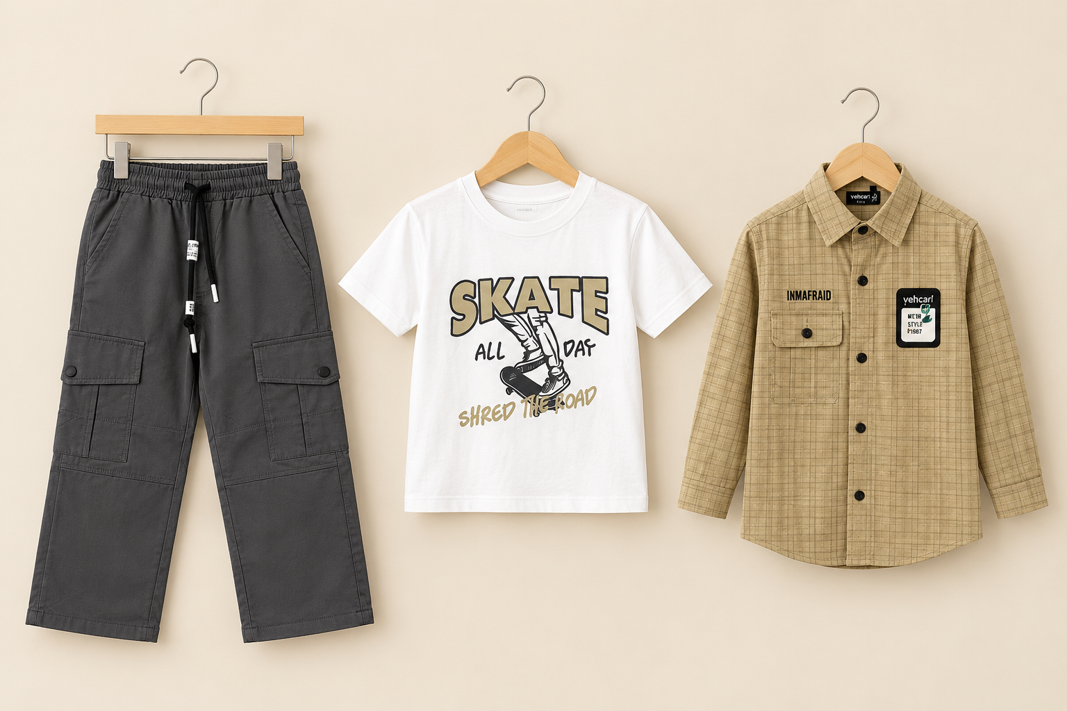 Stylish Kids Three Piece Plaid Shirt T-Shirt And Cargo Trouser Set