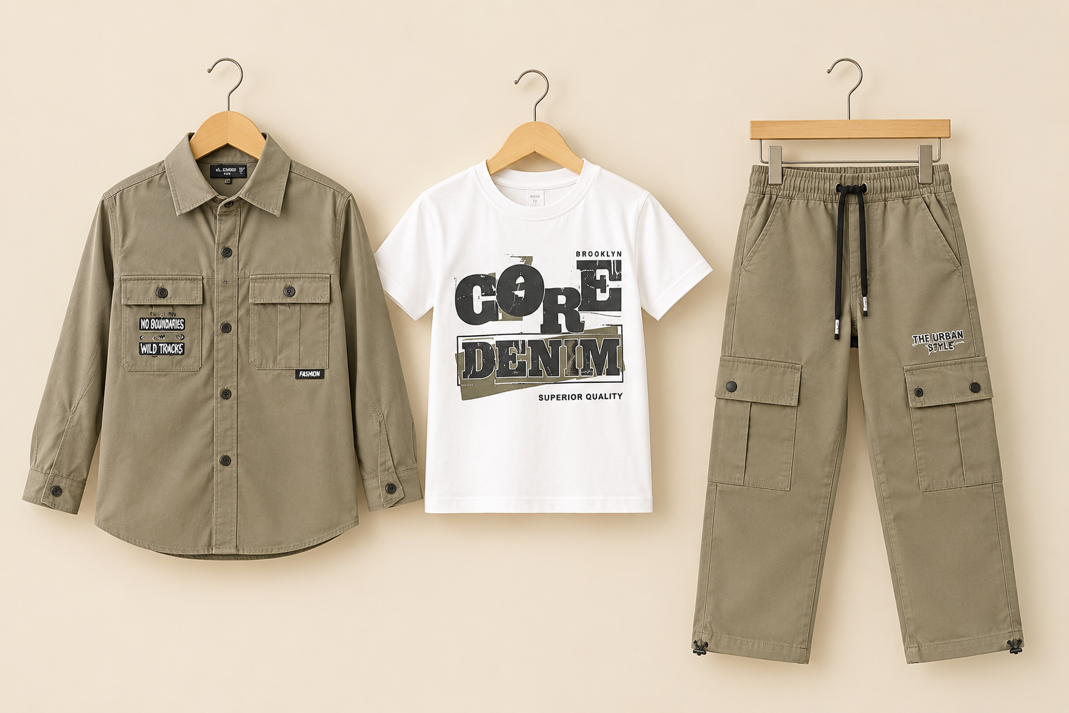 Stylish Kids Three Piece Plaid Shirt T-Shirt And Cargo Trouser Set