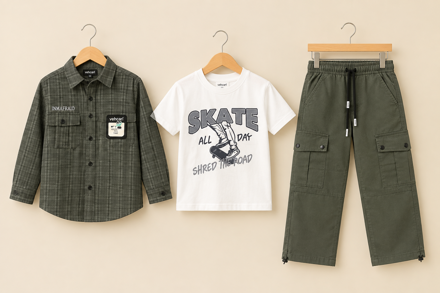 Stylish Kids Three Piece Plaid Shirt T-Shirt And Cargo Trouser Set