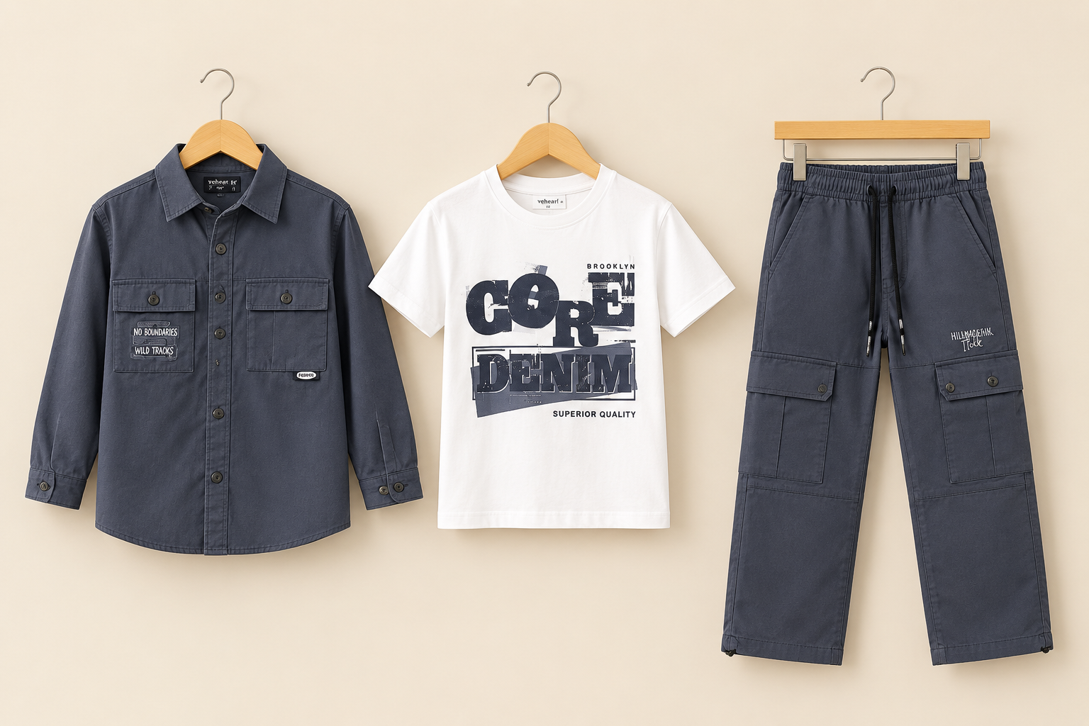 Stylish Kids Three Piece Plaid Shirt T-Shirt And Cargo Trouser Set