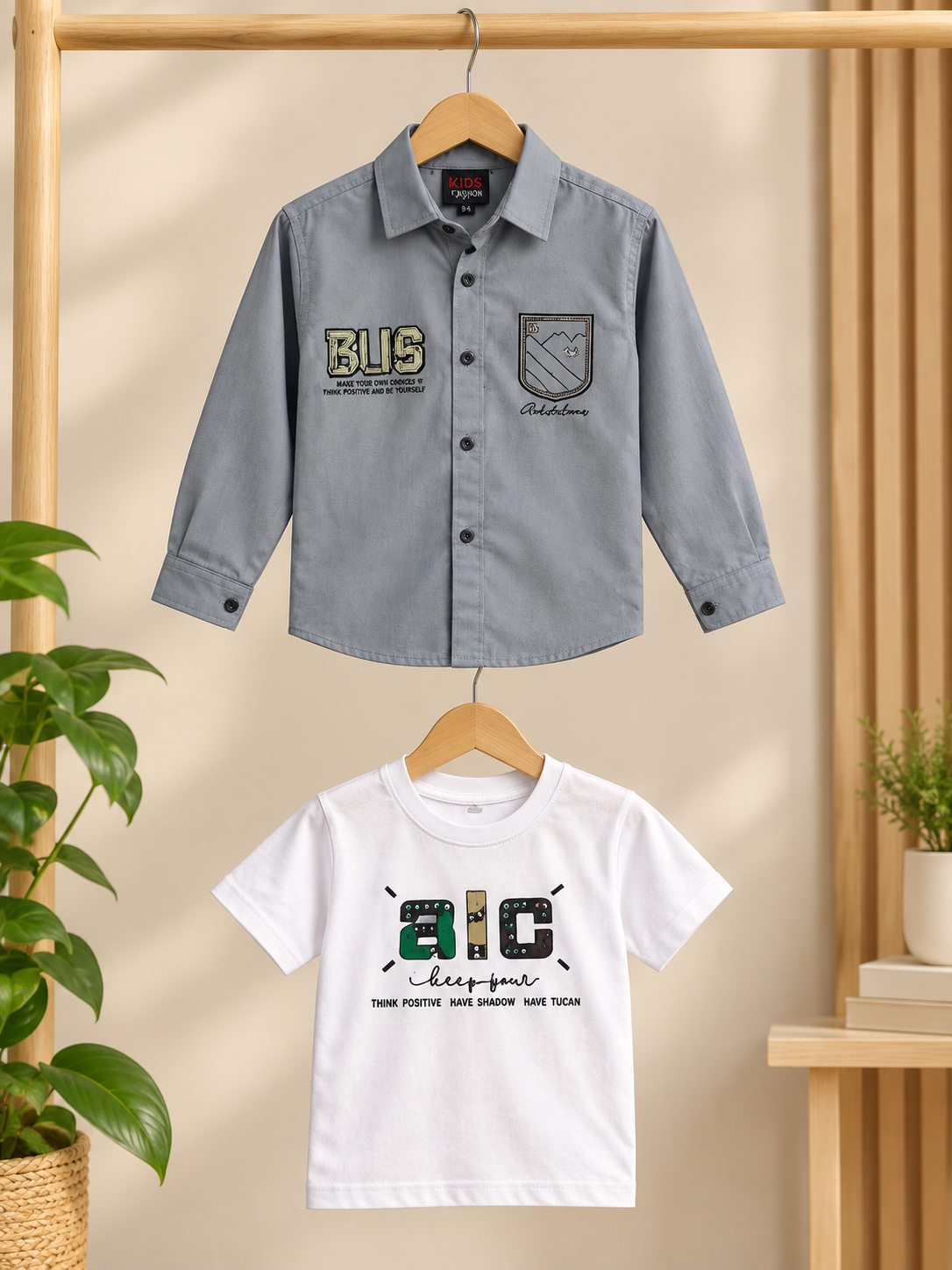 Stylish Grey Or Olive Casual Shirt With Patches And Matching White Printed T Shirt Set