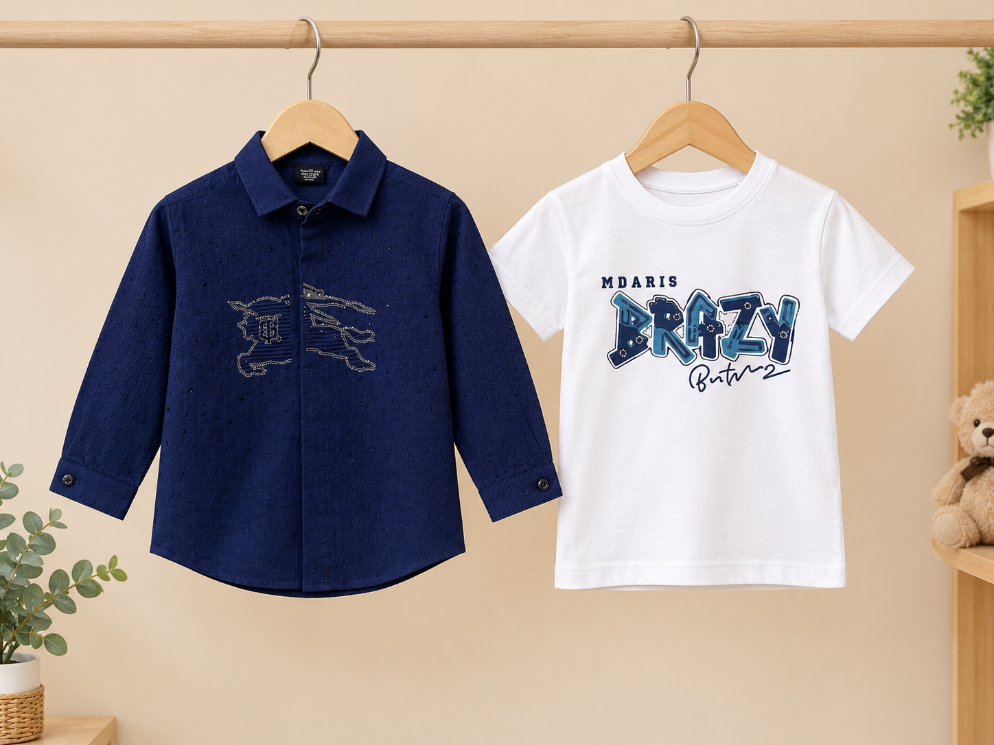 Stylish Dark Blue Formal Shirt With Elegant Design And Matching White Printed T Shirt Set