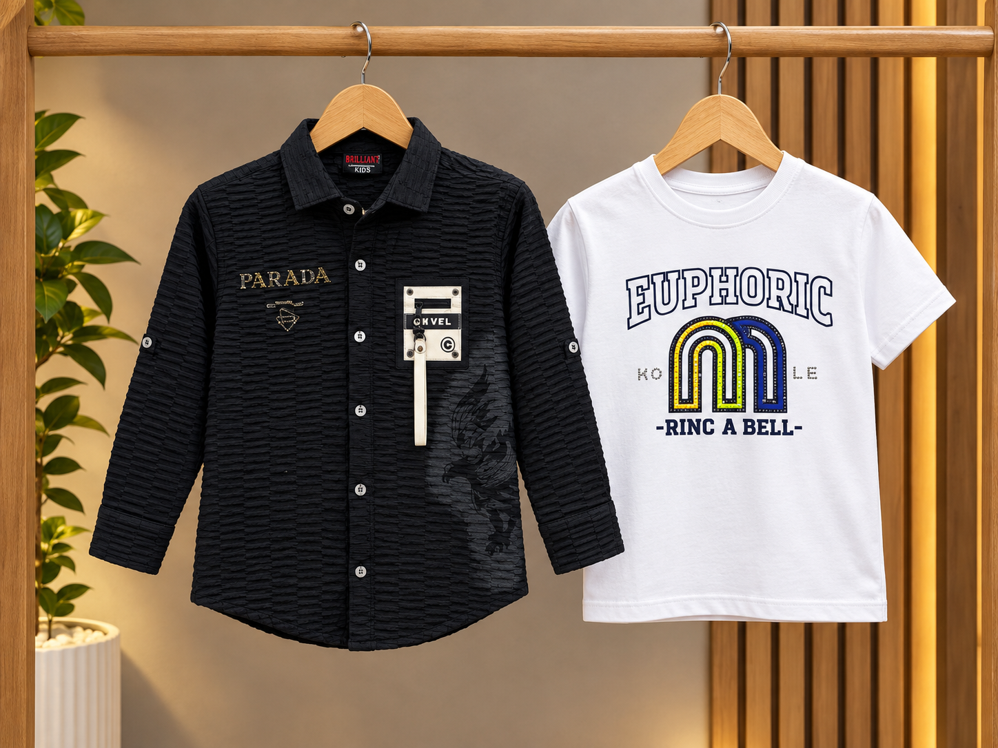 Stylish Dark Blue Formal Shirt With Elegant Design And Matching White Printed T Shirt Set