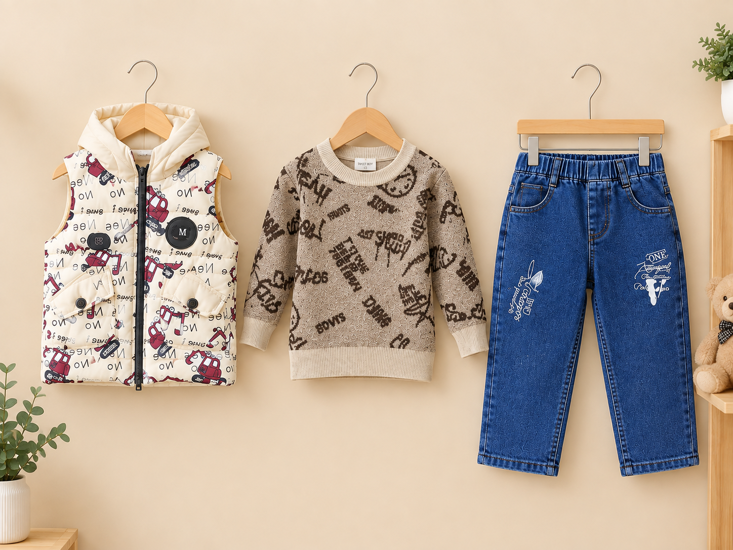 Stylish Kids Three Piece Checkerboard Vest Sweater And Denim Set