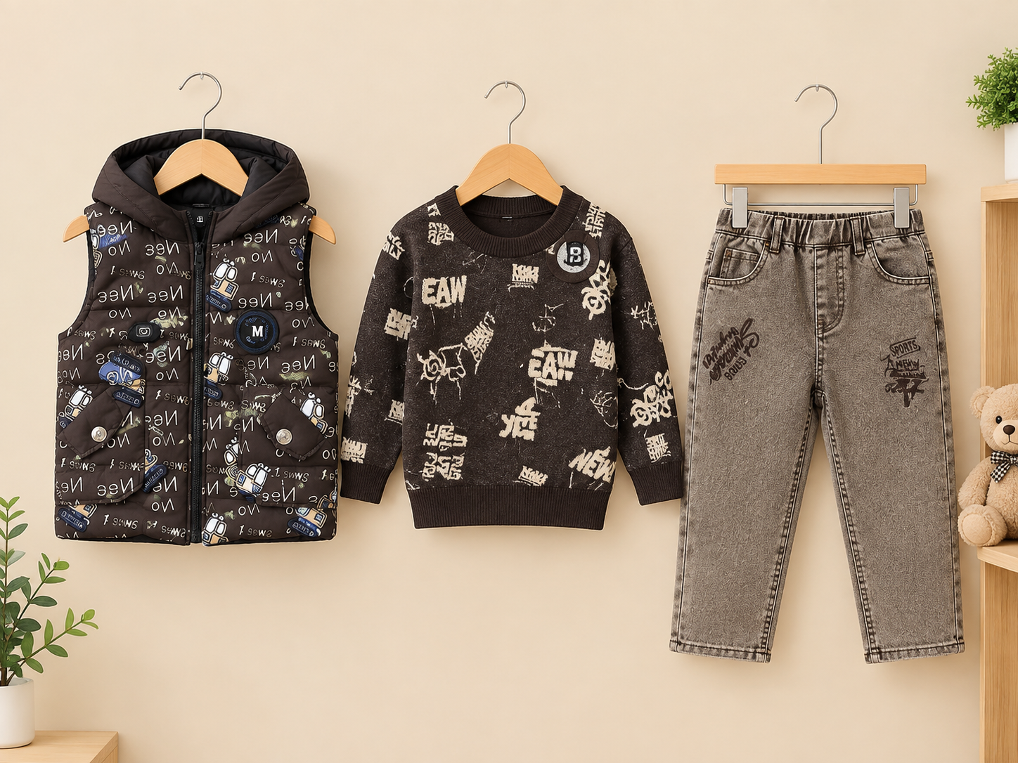 Stylish Kids Three Piece Checkerboard Vest Sweater And Denim Set