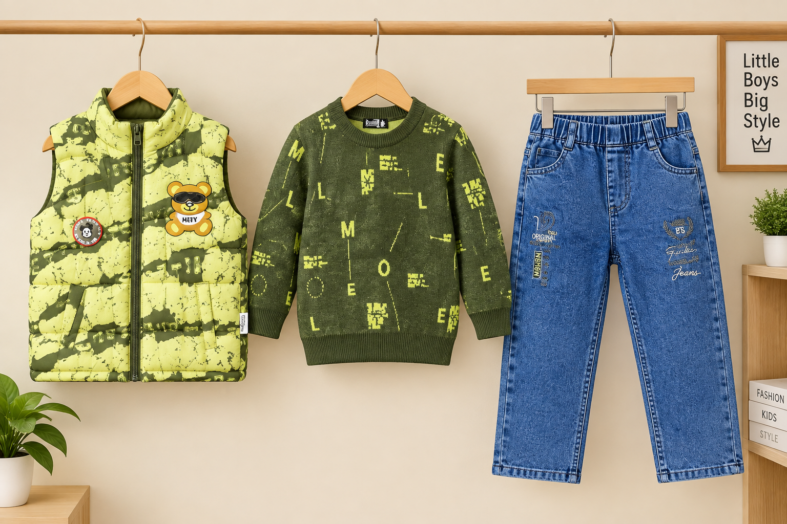 Stylish Kids Three Piece Checkerboard Vest Sweater And Denim Set