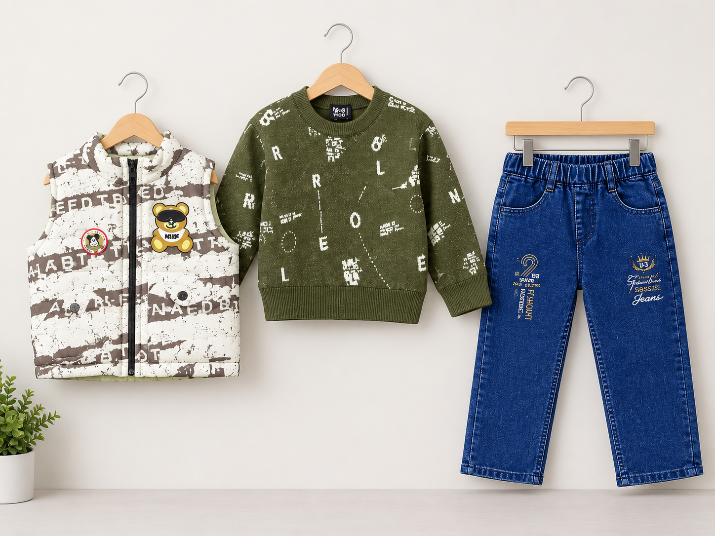 Stylish Kids Three Piece Checkerboard Vest Sweater And Denim Set