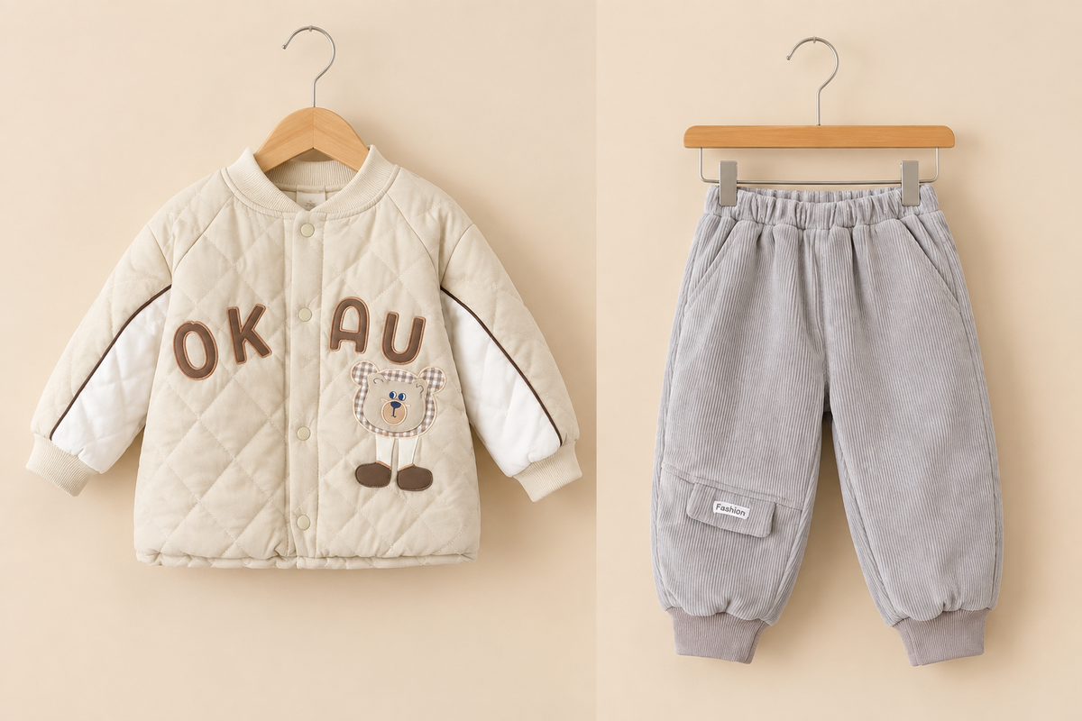 Cute Quilted Bear Pattern Jacket With Matching Corduroy Pant Set For Kids