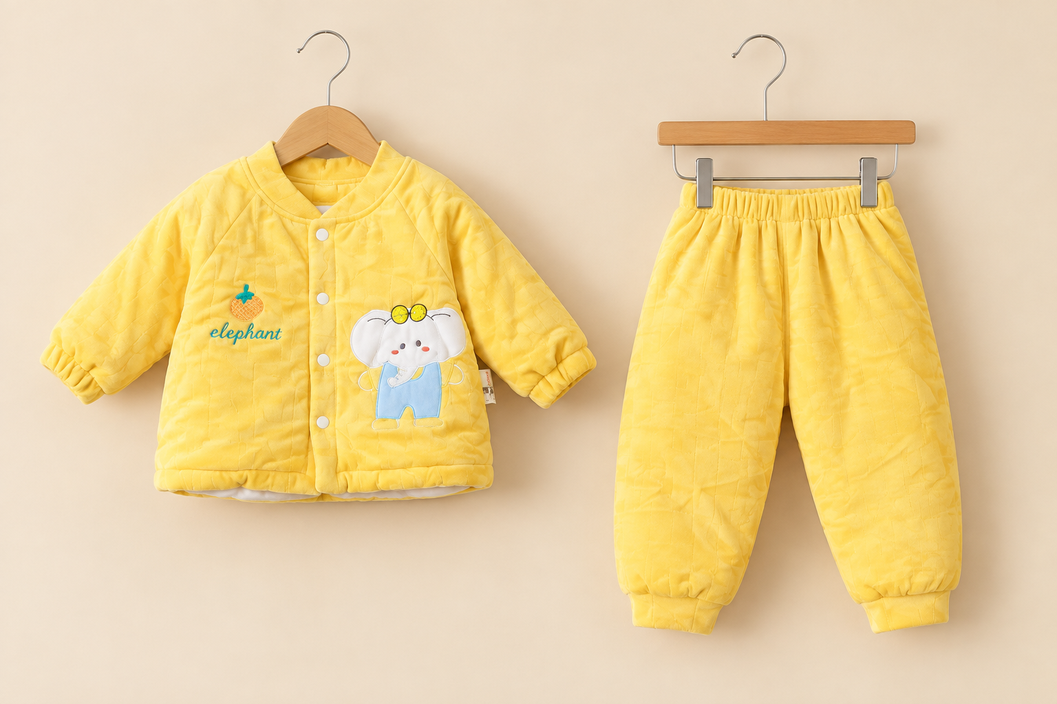 Cute Elephant Embroidery Fleece Winter Jacket With Matching Full-Length Trouser Set
