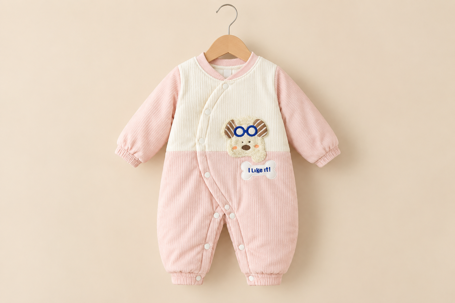 Cute Puppy Design Quilted Fleece Winter Romper With Front Snap Closure