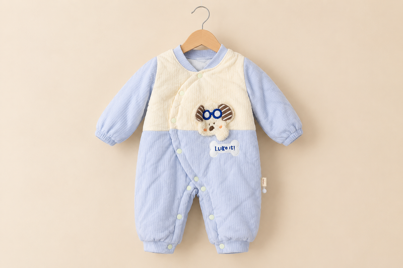 Cute Puppy Design Quilted Fleece Winter Romper With Front Snap Closure