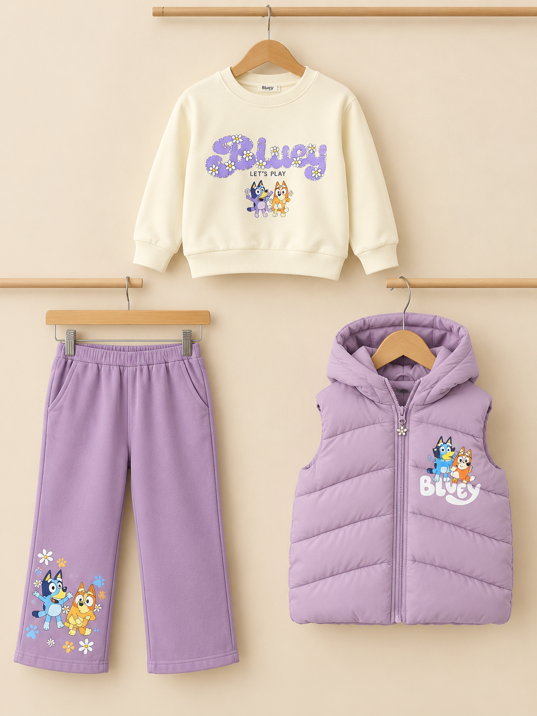 Kids Bluey Character Printed Sweatshirt Hooded Vest And Trouser 3 Piece Outfit Set