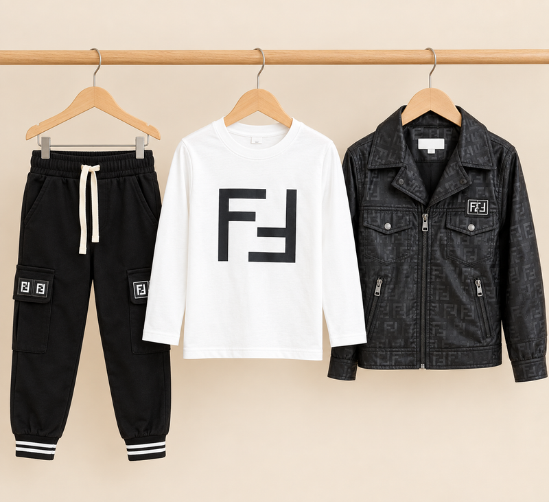 Kids Designer Style Leather Jacket Crewneck Shirt And Cargo Trouser 3 Piece Set