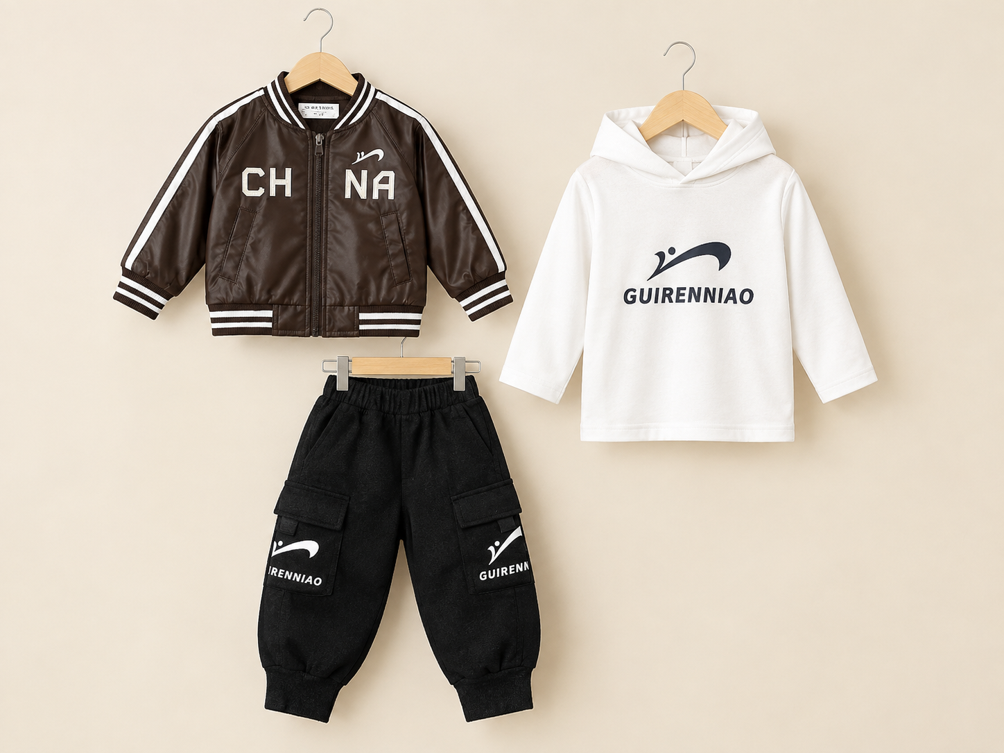 Kids Brand Logo Printed Leather Bomber Jacket Hoodie And Cargo Trouser 3 Piece Outfit