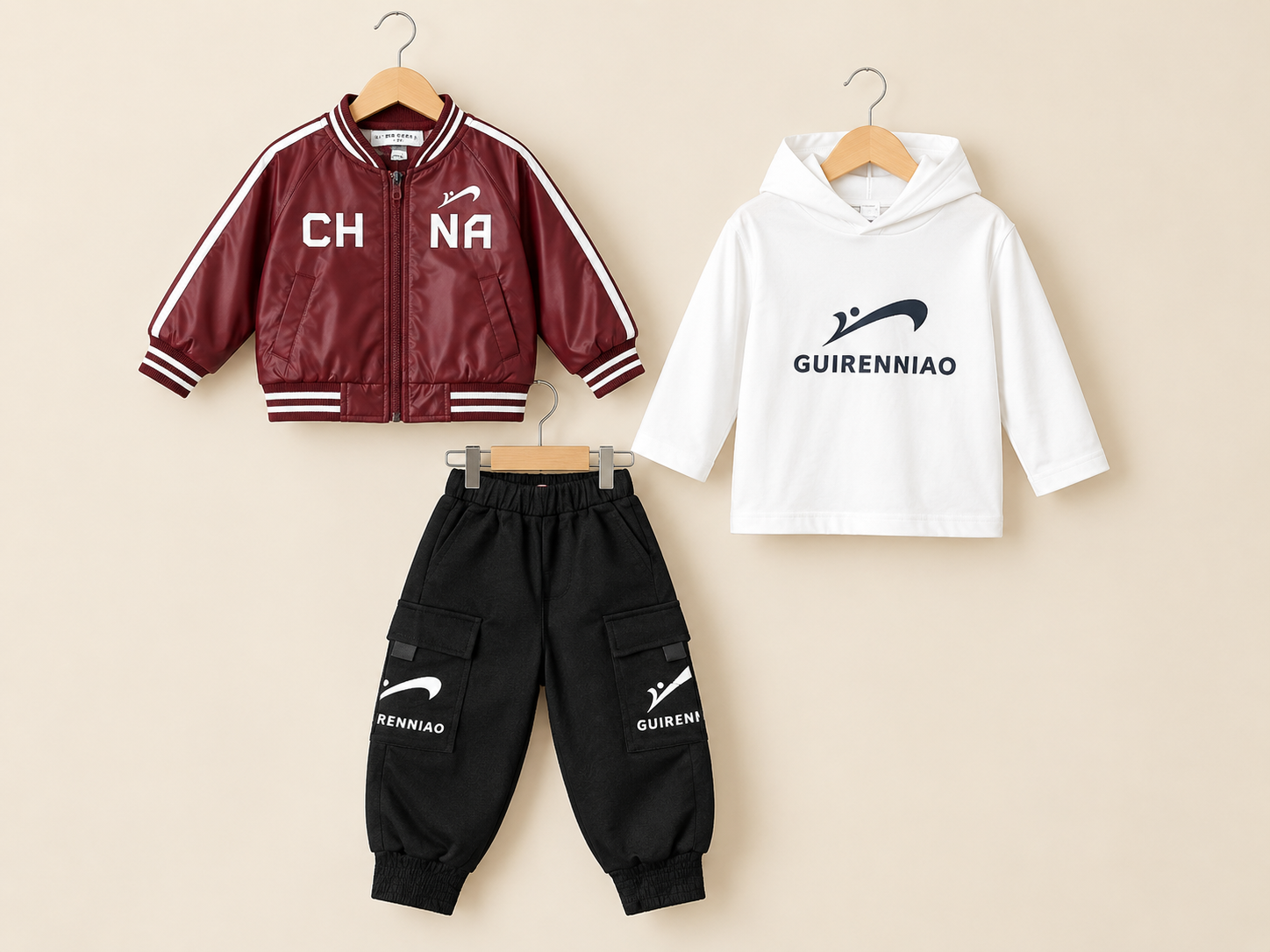 Kids Brand Logo Printed Leather Bomber Jacket Hoodie And Cargo Trouser 3 Piece Outfit