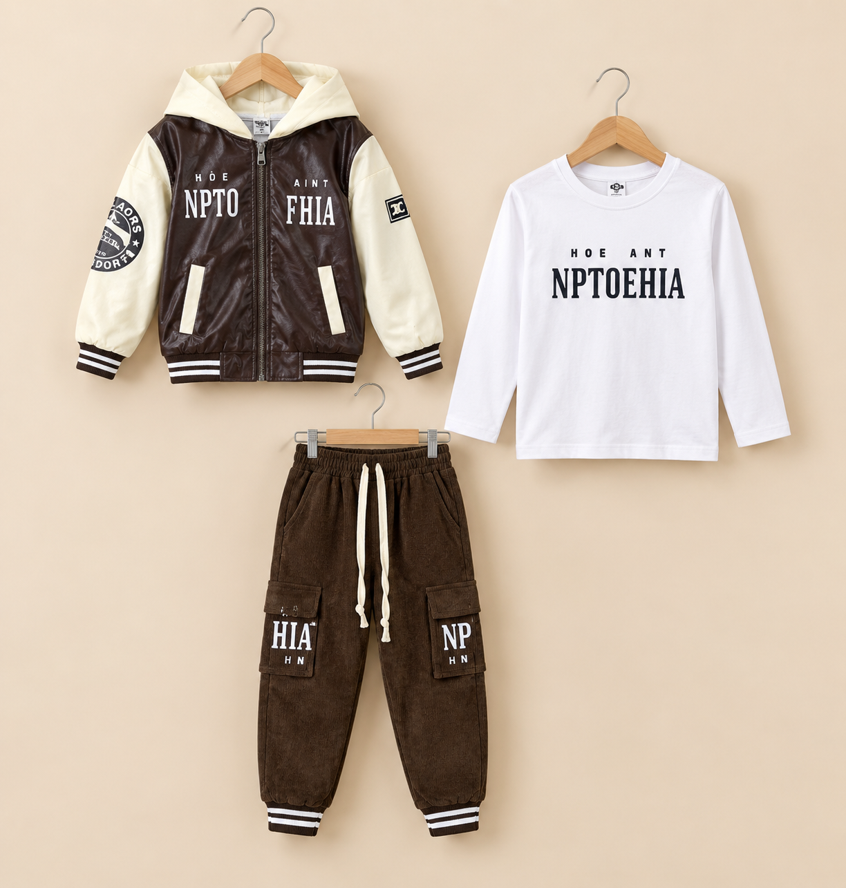 Kids Letter Printed Leather Bomber Jacket Shirt And Cargo Trouser 3 Piece Outfit