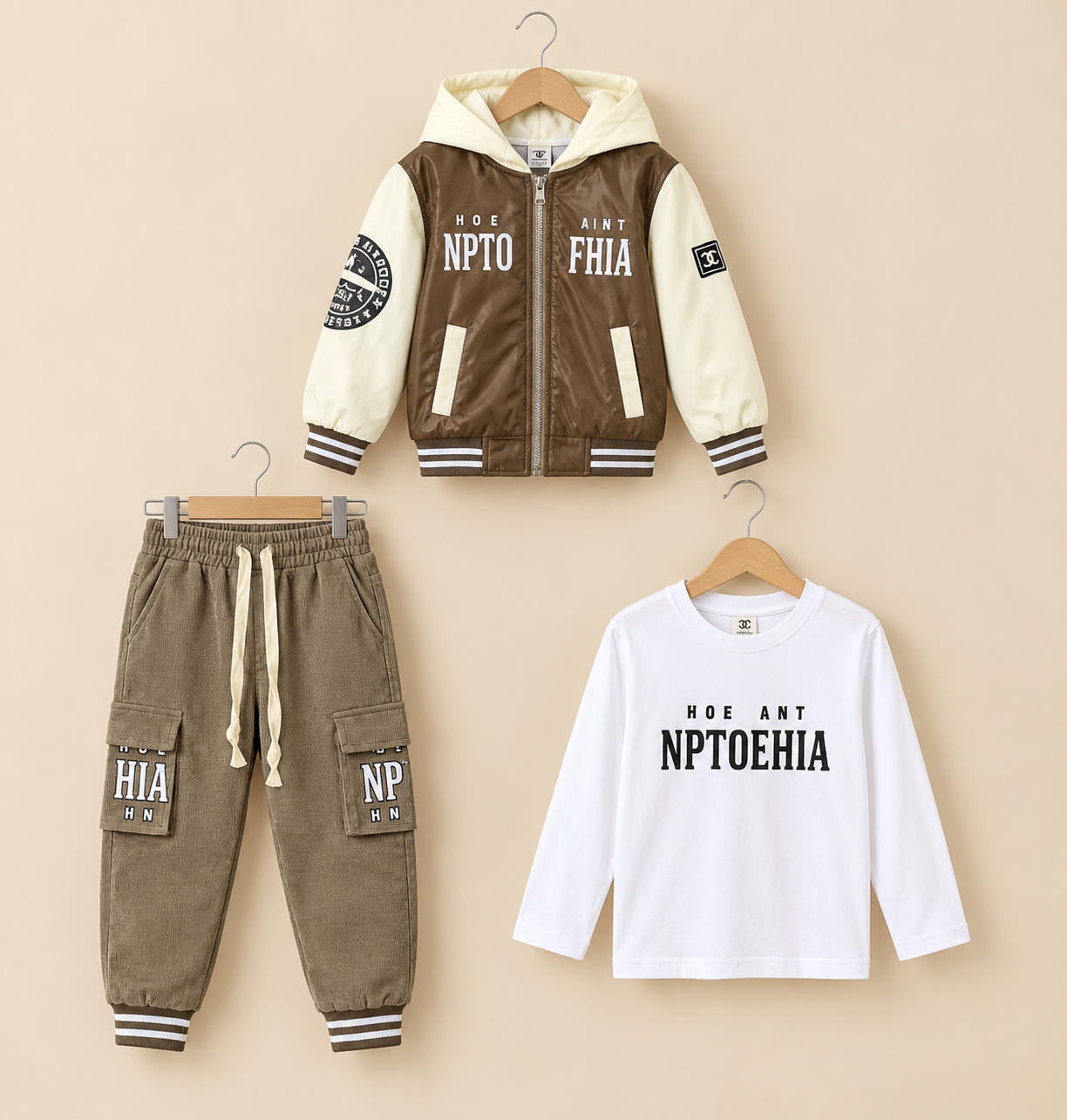 Kids Letter Printed Leather Bomber Jacket Shirt And Cargo Trouser 3 Piece Outfit