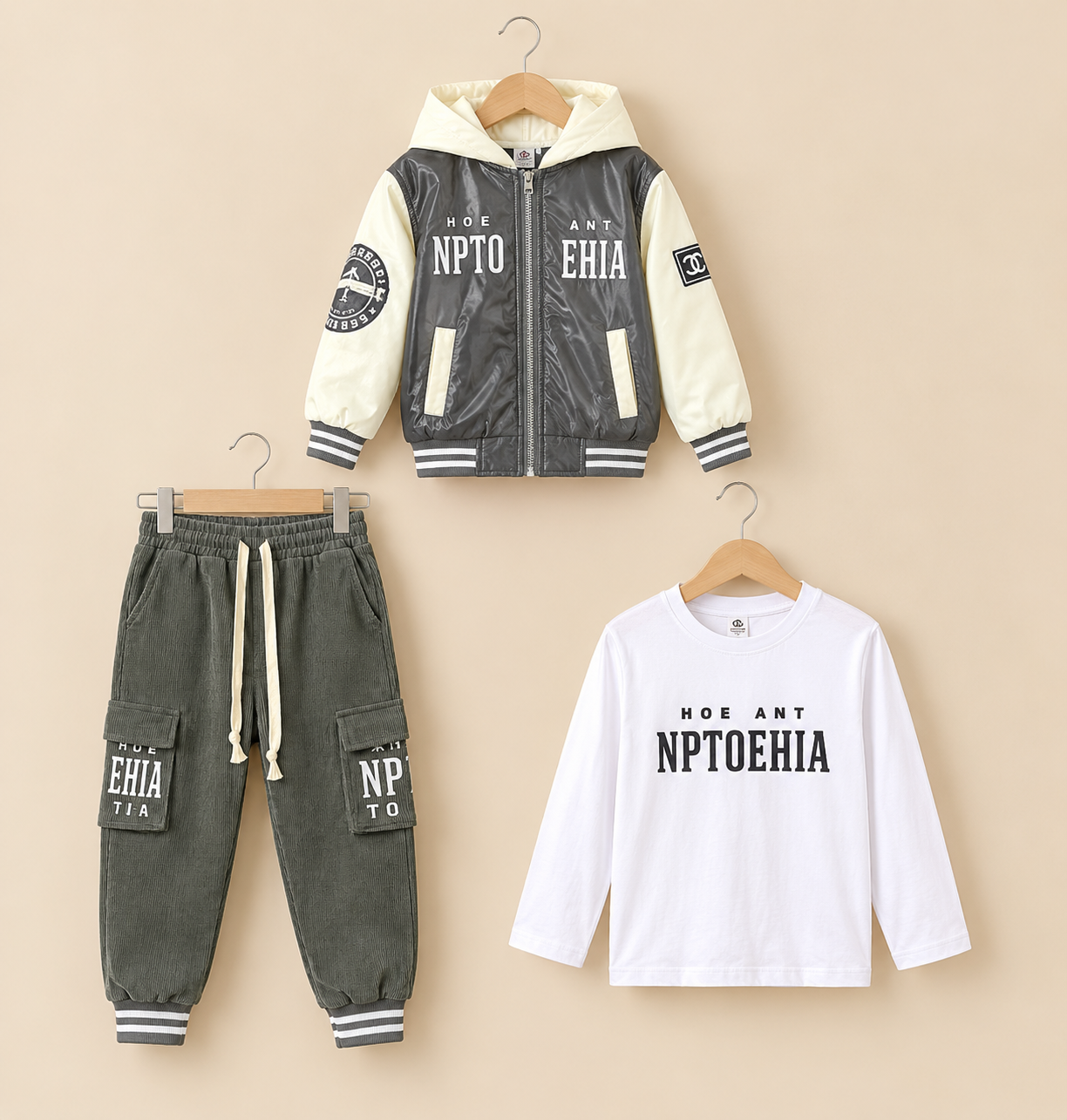 Kids Letter Printed Leather Bomber Jacket Shirt And Cargo Trouser 3 Piece Outfit