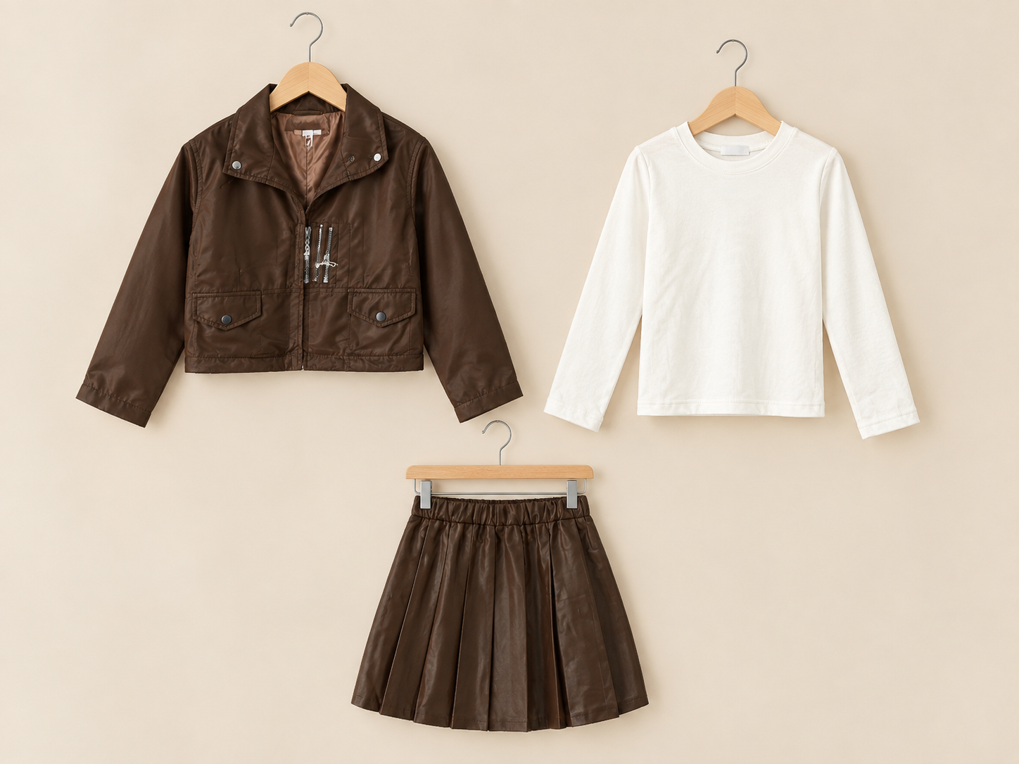 Stylish Girls Biker Jacket Matching Pleated Skirt And Long Sleeve Tee Outfit Set