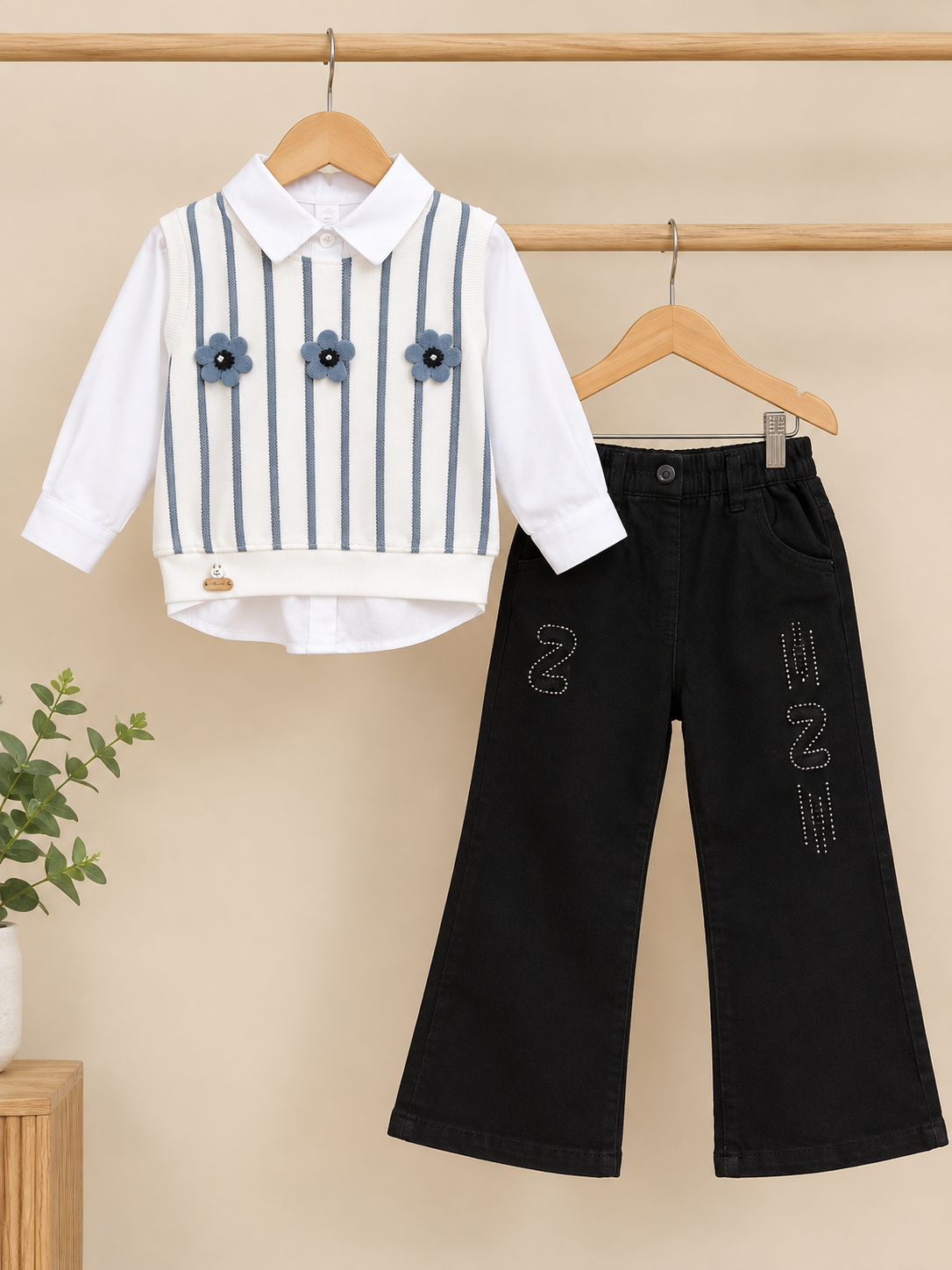 Girls Elegant Striped Floral Top And Black Trouser Pants Outfit Combo Set