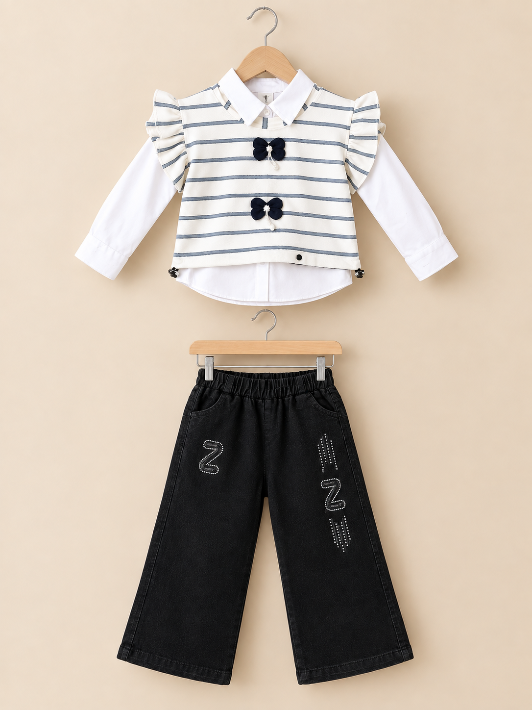 Girls Elegant Striped Floral Top And Black Trouser Pants Outfit Combo Set