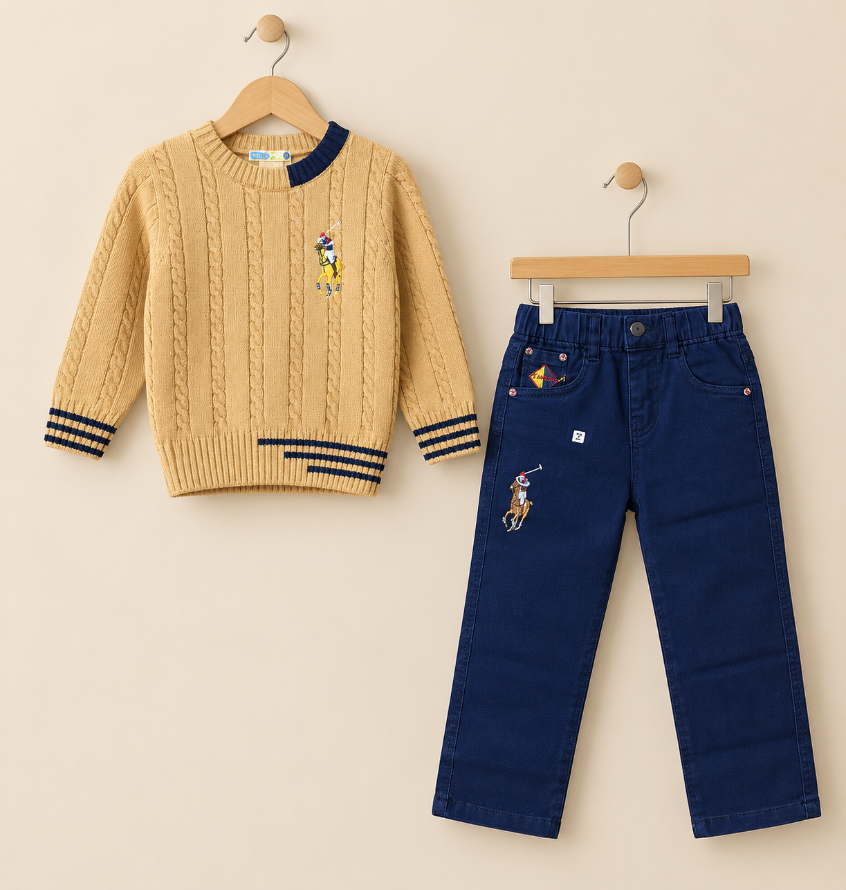 Kids Embroidered Polo Sweater And Denim Jeans 2 Piece Winter Outfit Set