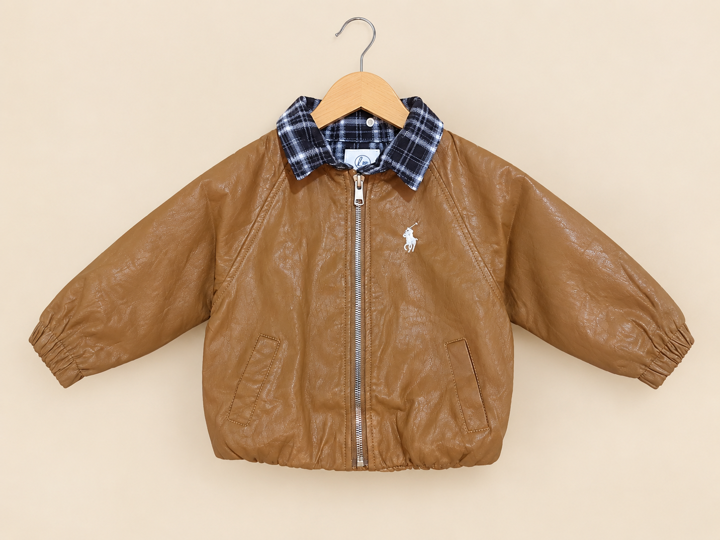 Stylish Faux Leather Jacket With Plaid Collar For Kids Cool Winter Outerwear Outfit