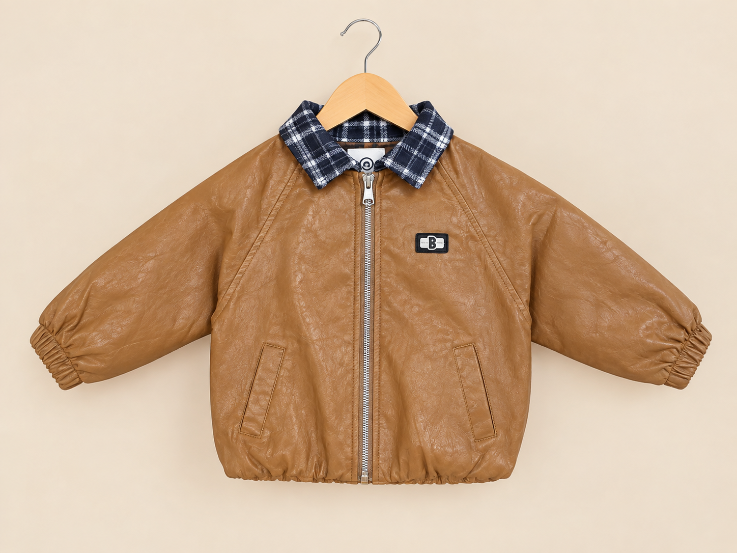 Stylish Faux Leather Jacket With Plaid Collar For Kids Cool Winter Outerwear Outfit