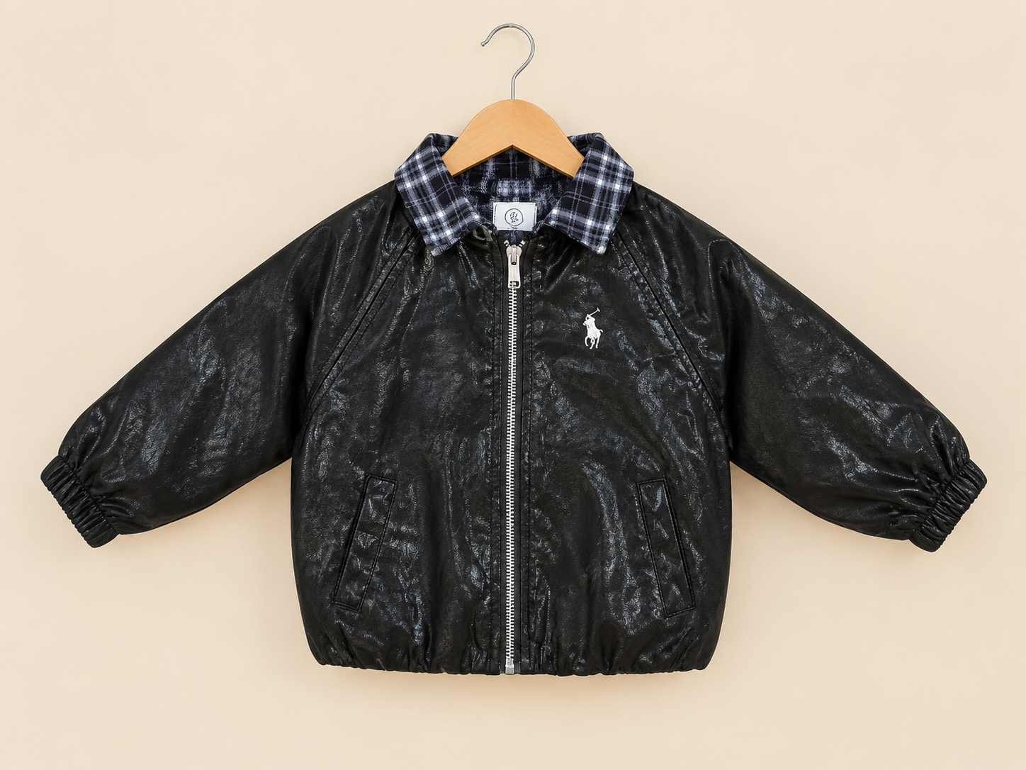 Stylish Faux Leather Jacket With Plaid Collar For Kids Cool Winter Outerwear Outfit