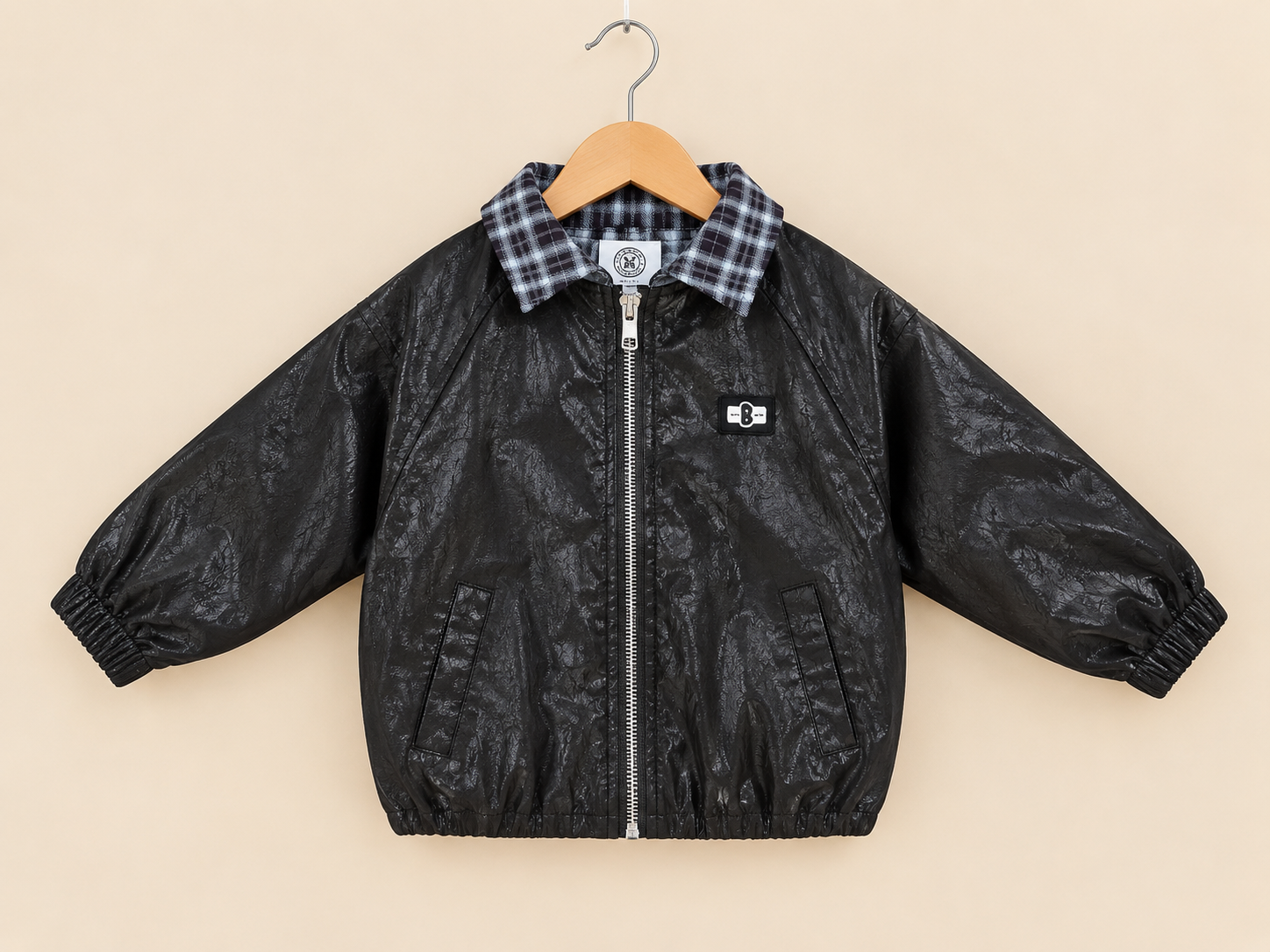 Stylish Faux Leather Jacket With Plaid Collar For Kids Cool Winter Outerwear Outfit